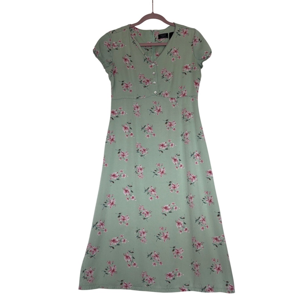 Crazy Horse Vintage 90's Floral Midi Dress Sage Green Pink M Cottage Prairie